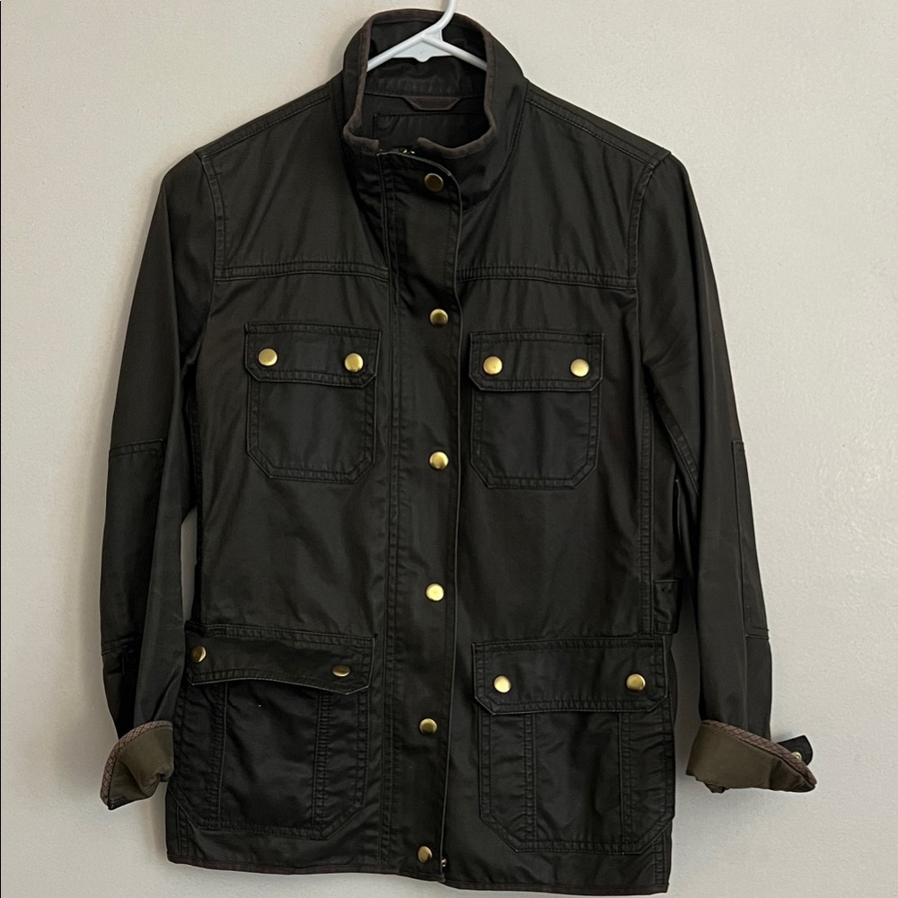 J. Crew Women's Dark Olive Gree Utility Jacket with Gold Accent Buttons